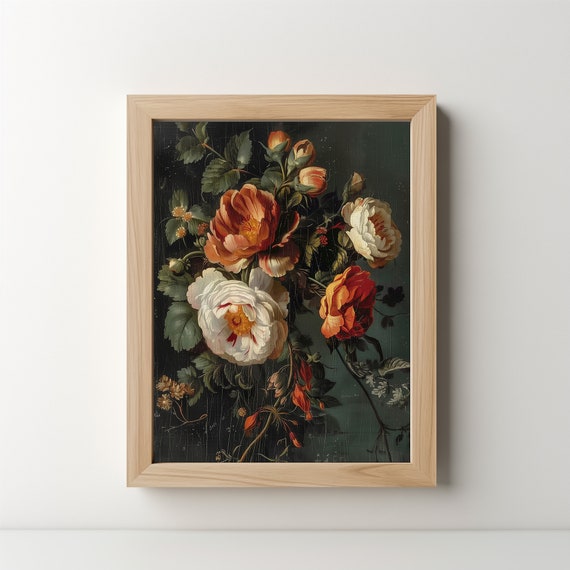 Vintage Moody Dark Flower Print Dark Academia Botanical Wall Art Floral Still Life Oil Painting Art 241