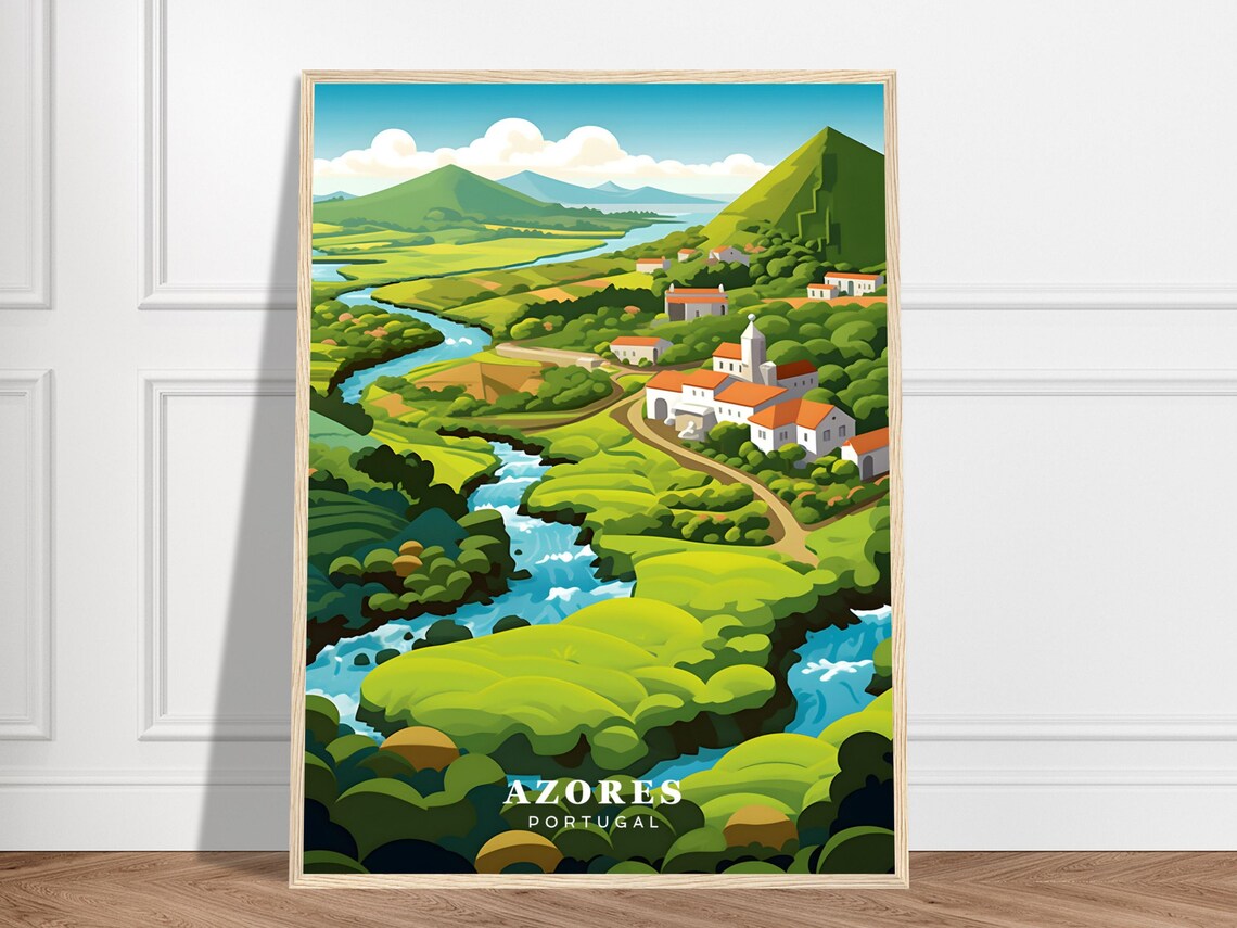 Azores Portugal Green Valley River Vintage Travel Island Poster