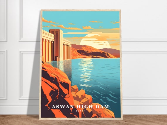 Aswan High Dam Travel Print Egypt Collection Engineering Art Egyptian Lake Nasser Modern Nile River