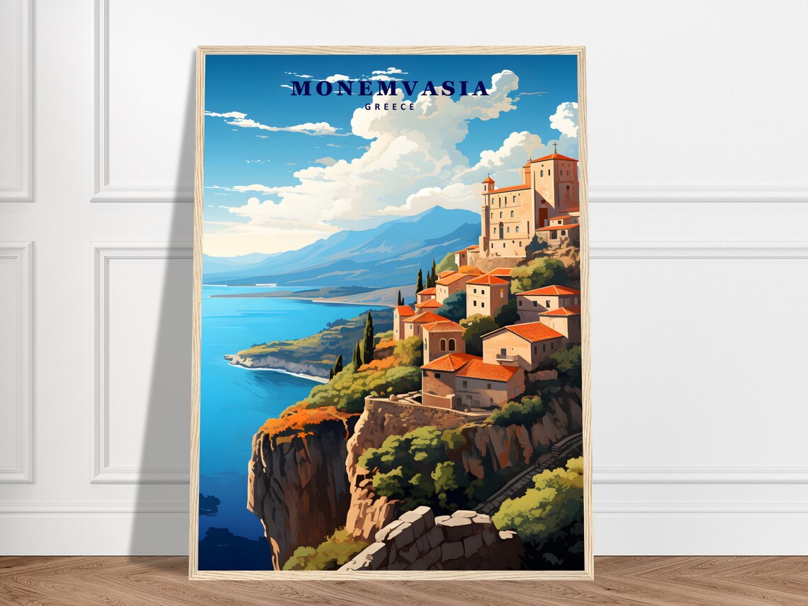 Monemvasia Greece Travel Poster Cliffside Fortress Town Sea View Art