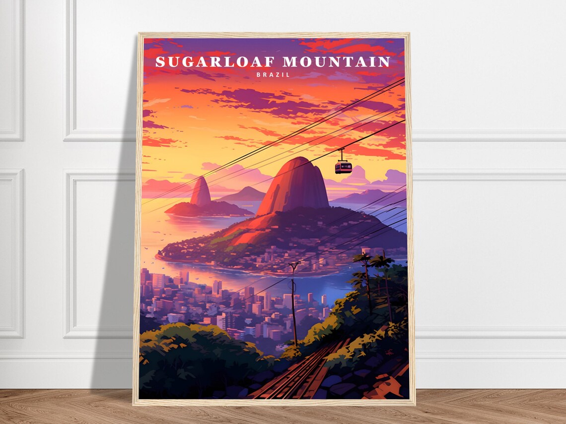 Sugarloaf Mountain Rio Brazil Sunset Cable Car Travel Poster Art
