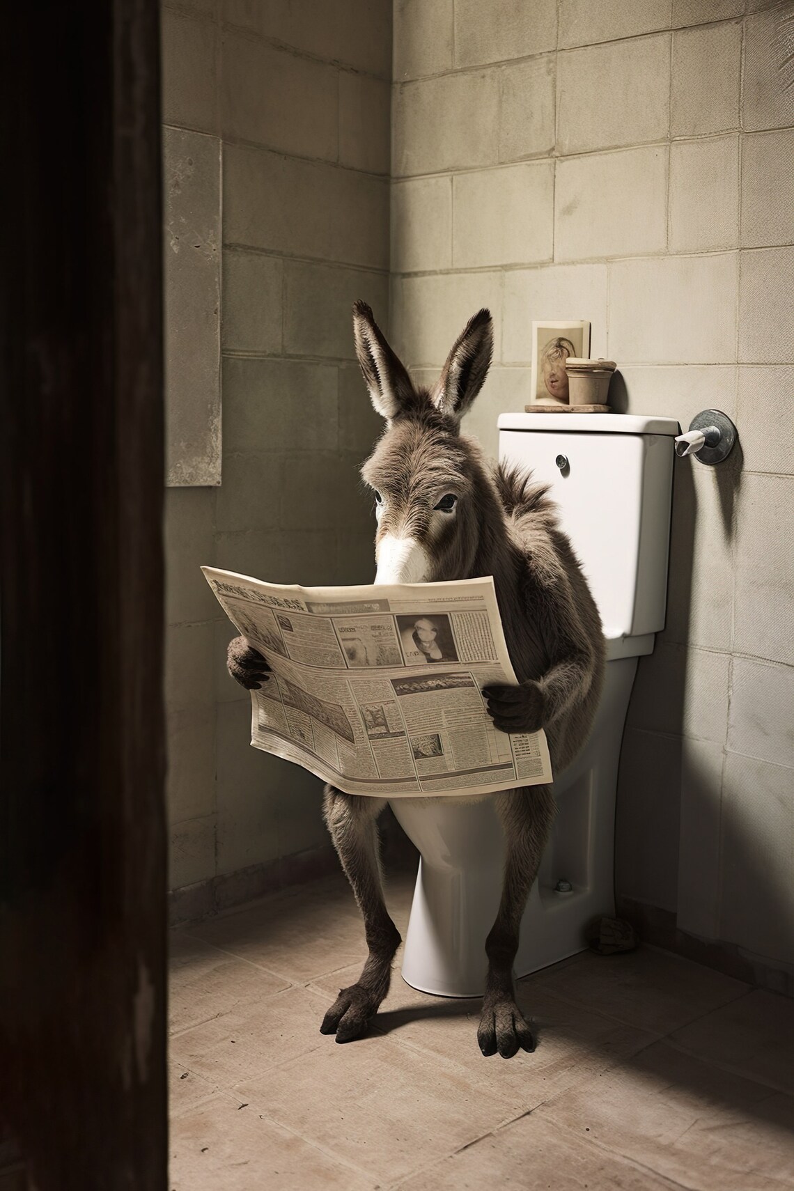Donkey on the Toilet Reading Newspaper, Humor Art Print