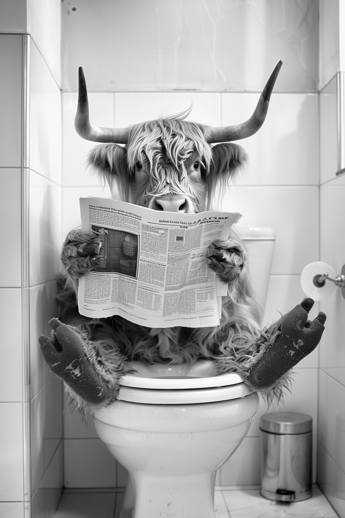 Highland Cow Toilet Newspaper Funny Bathroom Art Print
