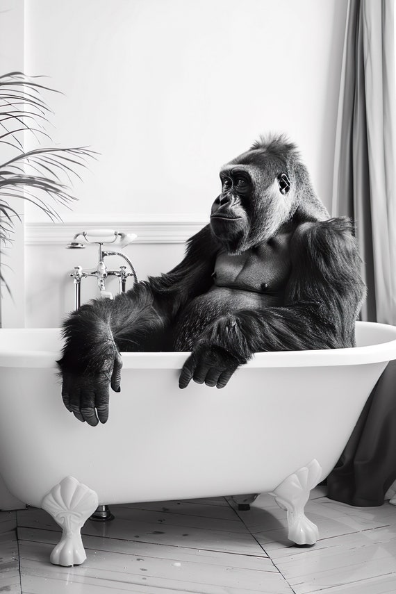 Gorilla In The Bathtub Funny Animal Photograph Gorilla Taking A Bubble Bath Ai Animal Print Funny Bathroom Wall Art Home