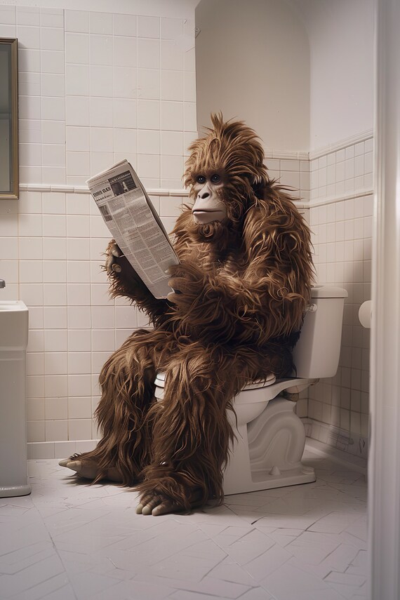 Sasquatch Reading Newspaper on the Toilet Funny Bathroom Poster