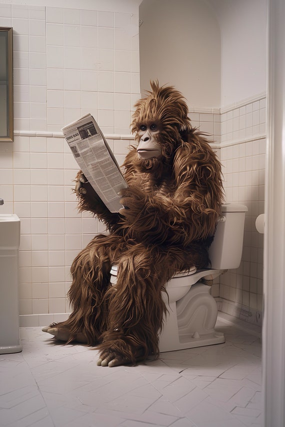 Sasquatch Sitting On The Toilet Reading A Newspaper Funny Bigfoot Print Funny Bathroom Mythical Creature Wall Art Ai Art