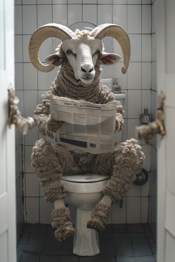 Ram Sitting On The Toilet Reading A Newspaper Funny Bathroom Humor Bighorn Sheep Funny Animal Print Home Ai Print