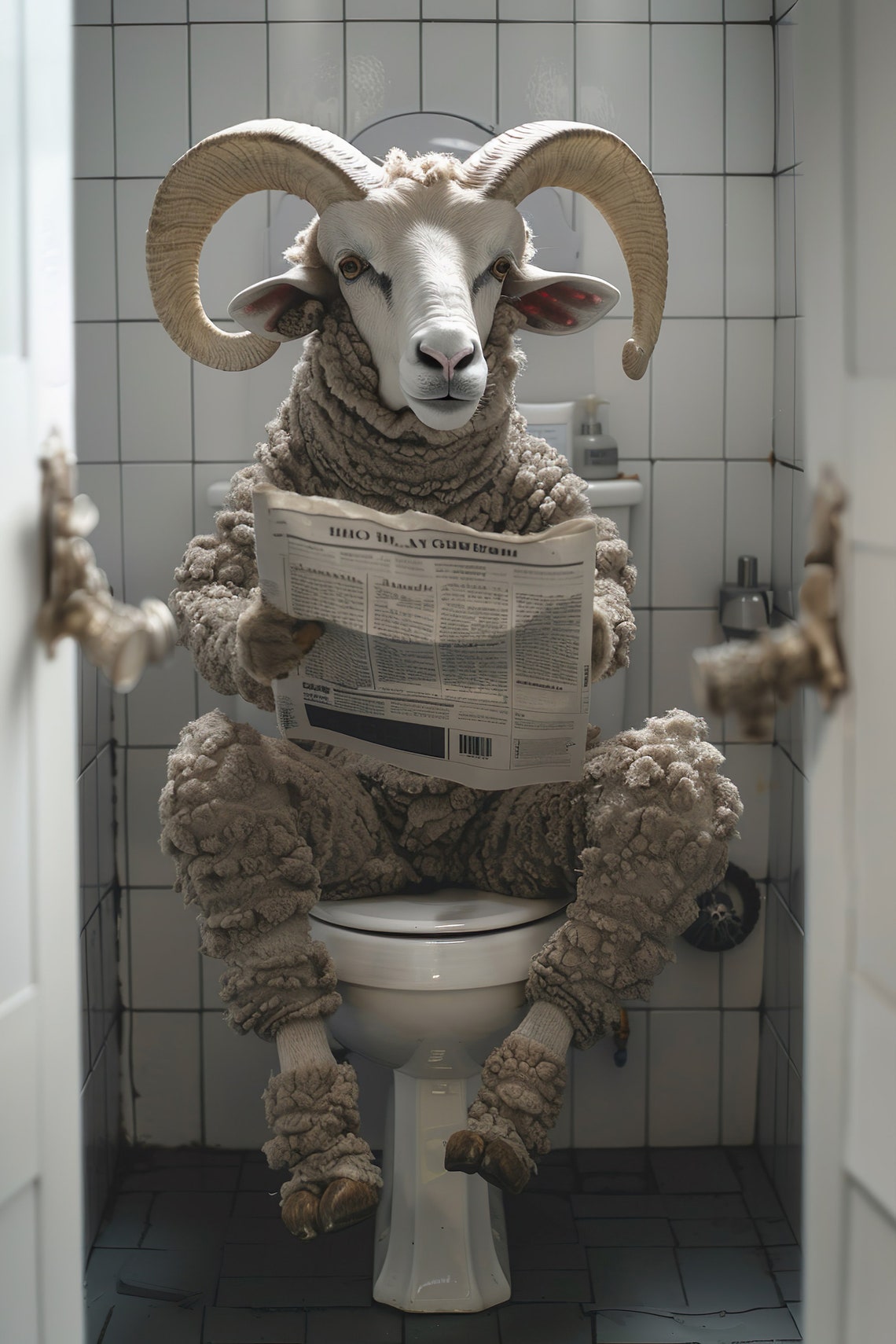 Ram Reading Newspaper on the Toilet Funny Animal Bathroom Wall Art