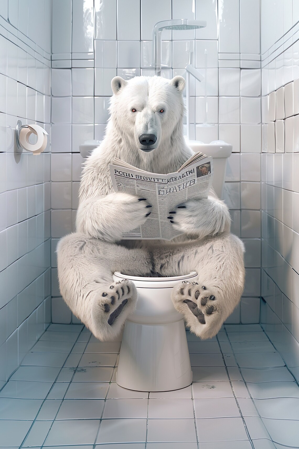 Polar Bear Reading Newspaper on Toilet Funny Bathroom Humor Poster