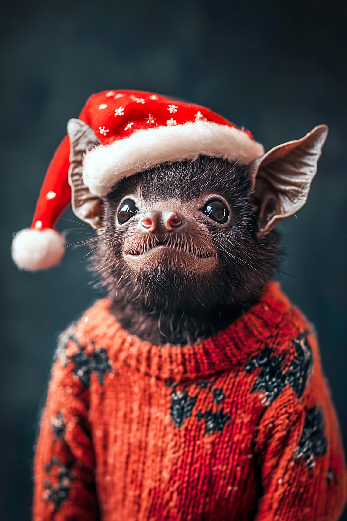 Baby Bat in Santa Hat and Orange Sweater Cute Christmas Holiday Poster - Image 2