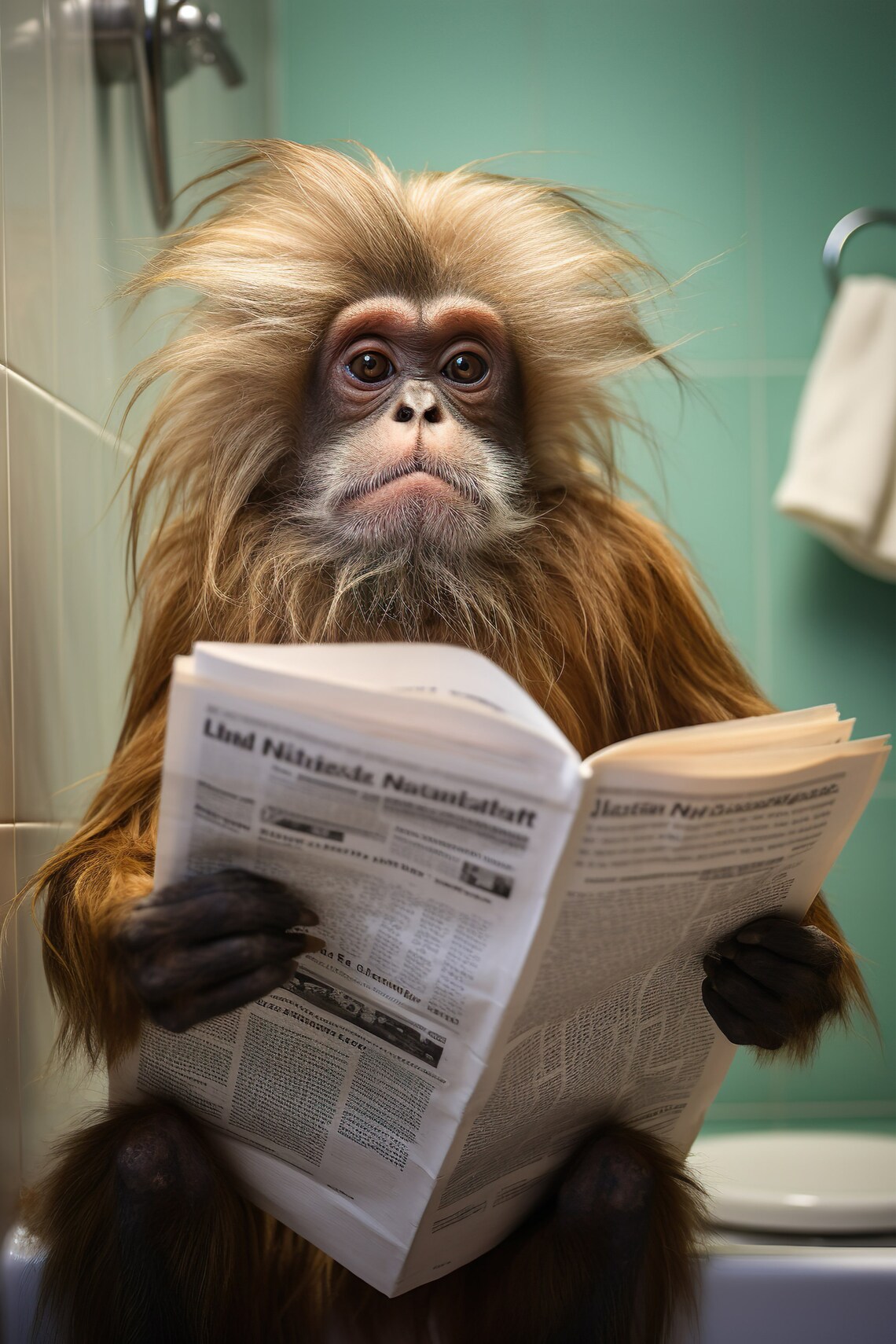Tamarin Monkey On The Toilet, Funny Bathroom Art