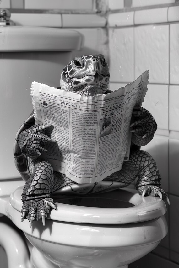Turtle Sitting On The Toilet Reading A Newspaper Funny Bathroom Wall Art Funny Vintage Style Animal Photo Animal Print Ai Art