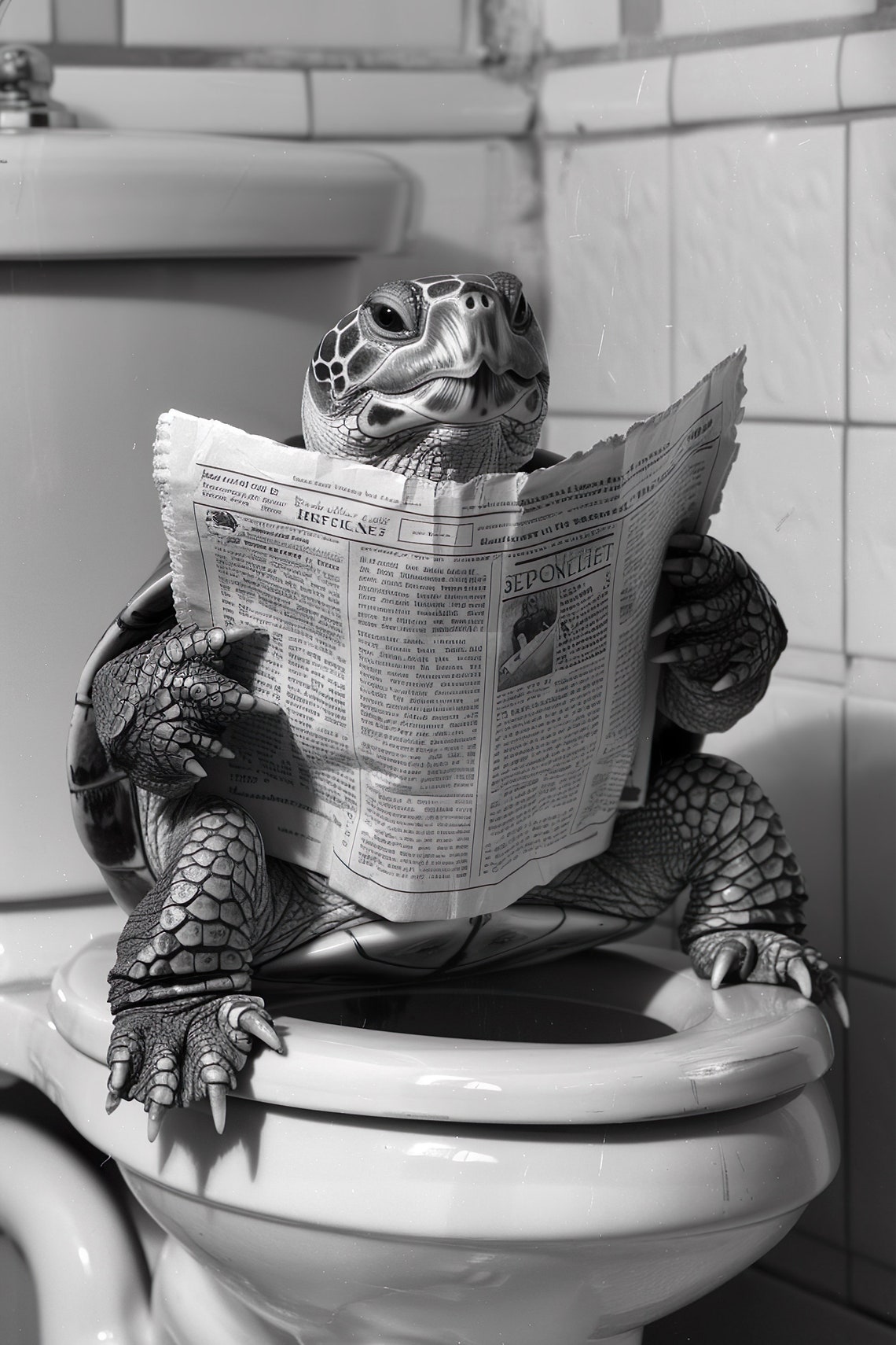 Sea Turtle Reading Newspaper on Toilet Funny Bathroom Poster