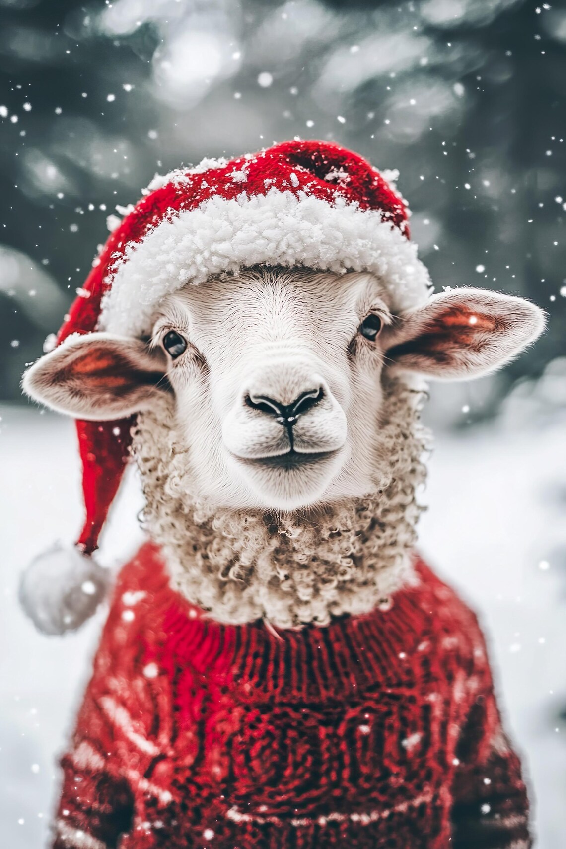 Sheep in Santa Hat and Red Knit Sweater Snowy Christmas Winter Animal Poster - Image 2