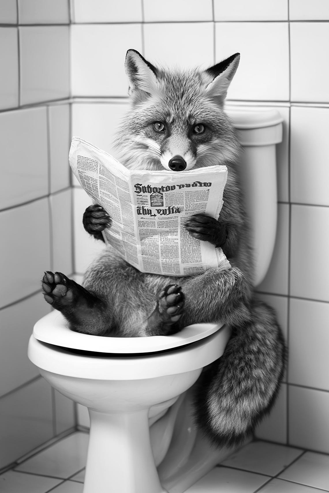 Sly Fox Reading Newspaper on Toilet Funny Black and White Poster