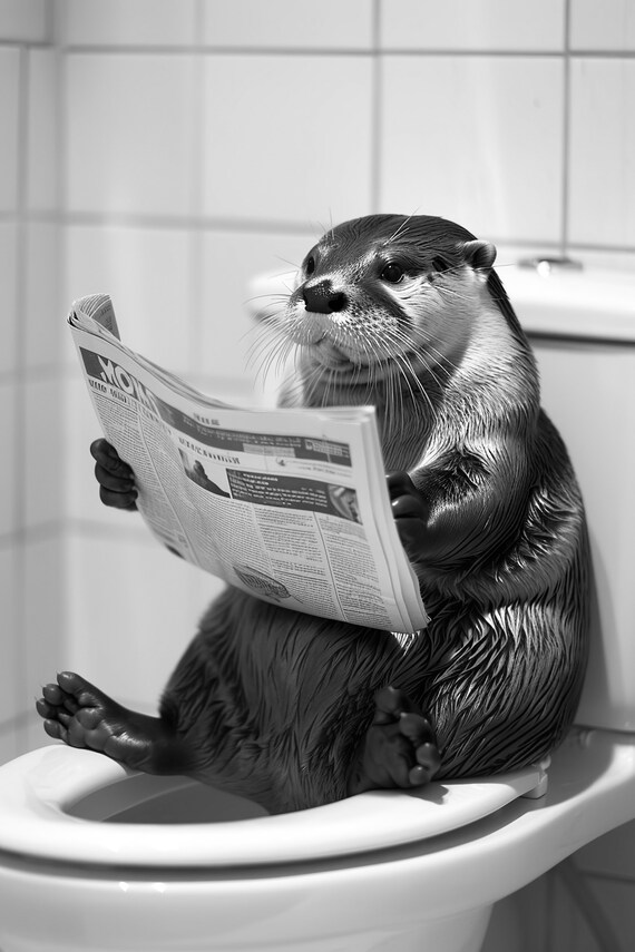 Otter Sitting On The Toilet Reading A Newspaper Funny Bathroom Wall Art Funny Vintage Style Animal Photo Animal Print Ai Art