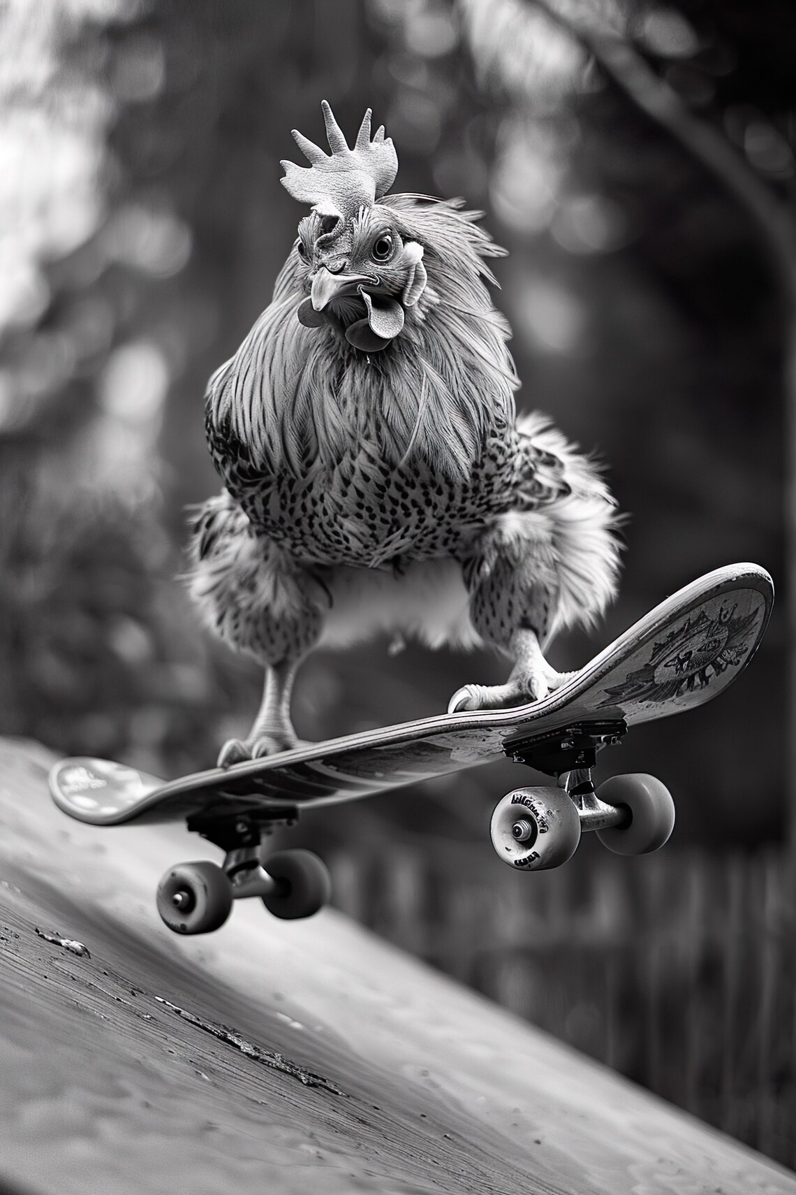 Funny Flying Rooster Skateboard Trick Black And White Photo Print