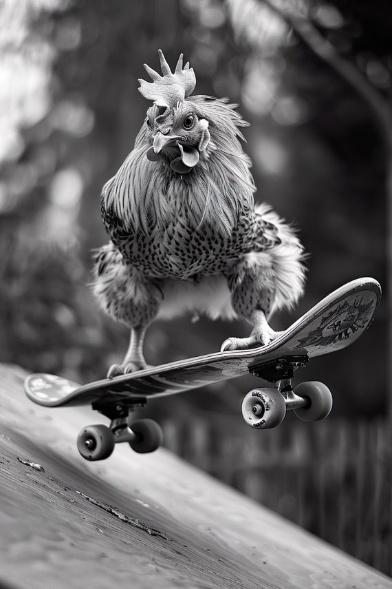 Chicken Skateboarding Funny Animal Wall Art Chicken On Skateboard Vintage Chicken Photo Black White Photography Ai Art