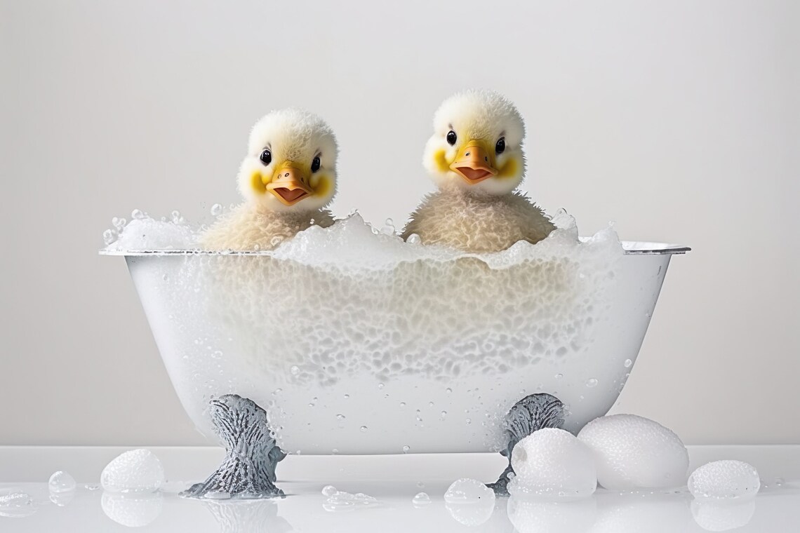 Baby Ducklings in Bubble Bathtub Cute Yellow Duck Photography Print