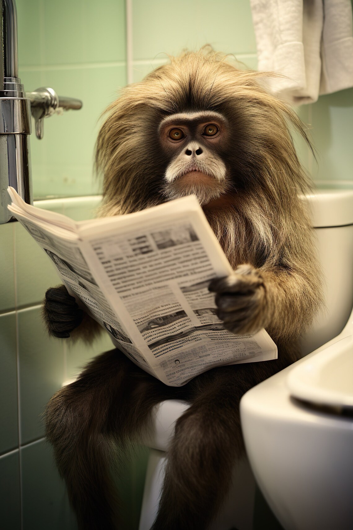 Tamarin Monkey Reading Newspaper on Toilet Funny Animal Poster