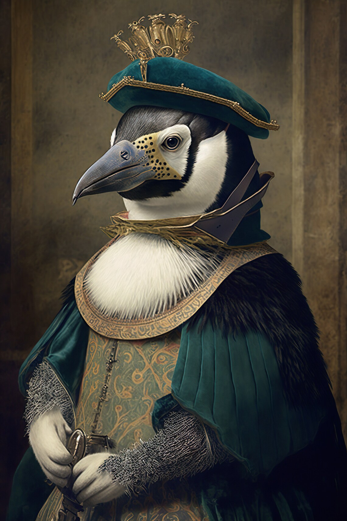 Penguin Renaissance Portrait Royal Green Velvet Funny Animal Print
