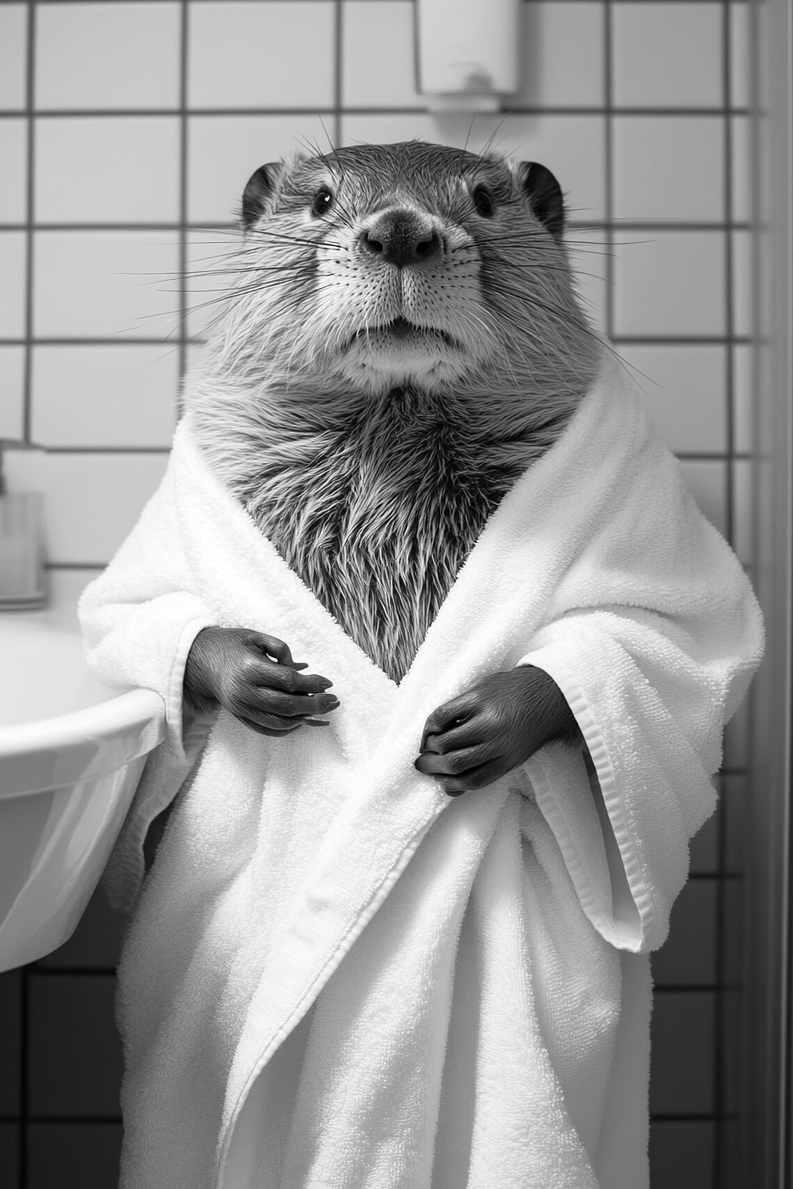 Funny Beaver Bathrobe Bathroom Humor Black White Animal Photo Poster - Image 2