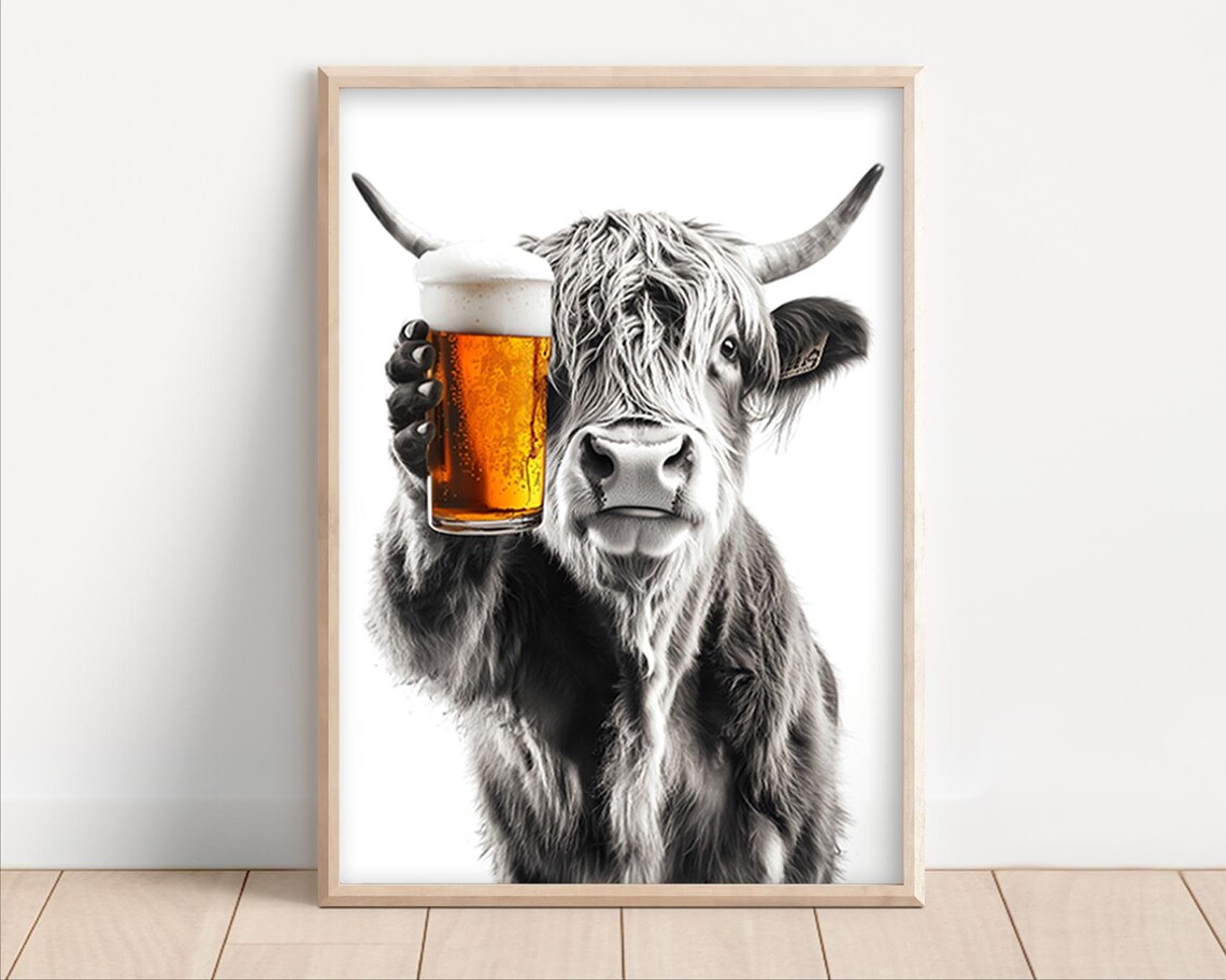 Highland Cow Drinking Beer Funny Kitchen Art Print