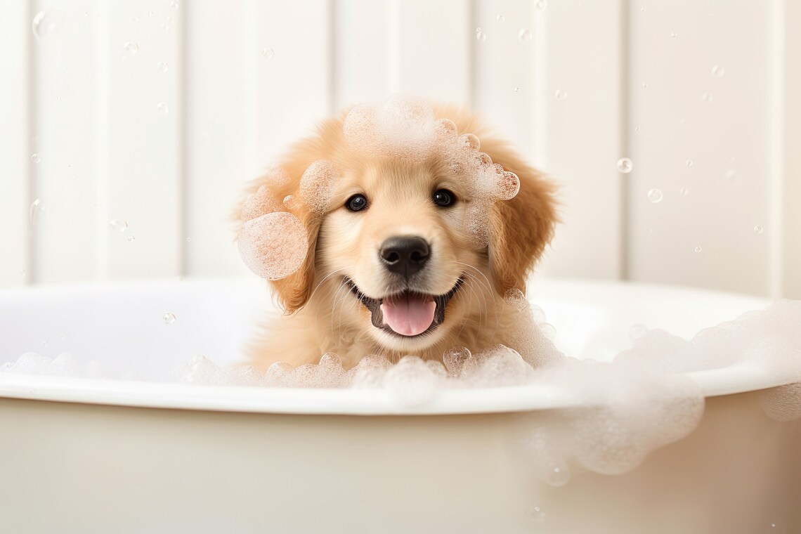 Golden Retriever Puppy Bubble Bath Cute Dog Bathroom Humor Print