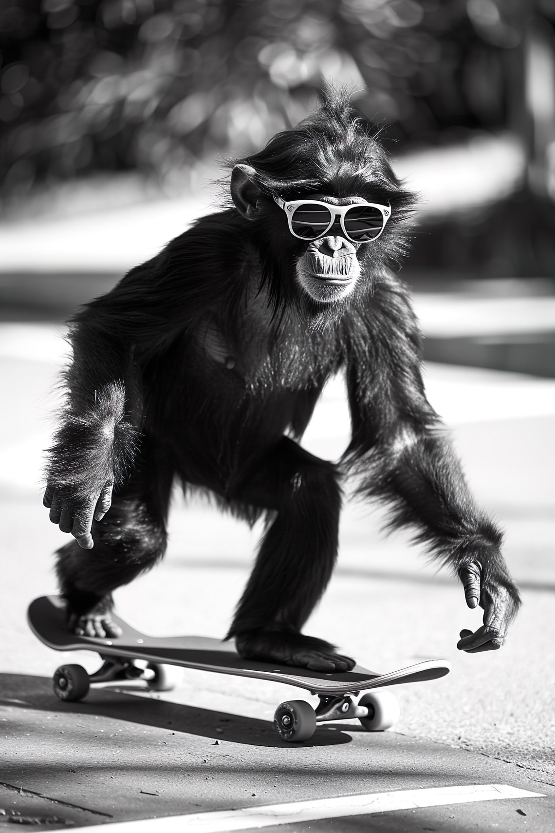 Monkey Skateboarding with Sunglasses Funny Black and White Poster