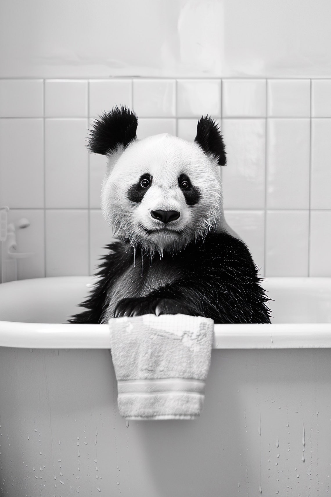 Panda Bubble Bath Funny Wet Black And White Bathroom Animal Poster