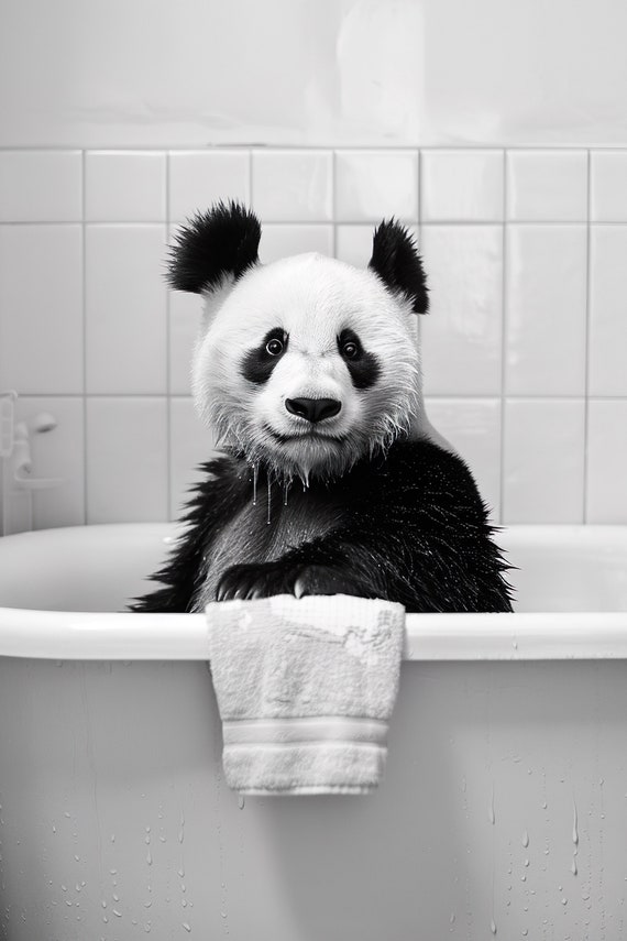 Panda In The Bathtub Funny Animal Photograph Panda Bear Taking A Bubble Bath Ai Animal Print Funny Bathroom Wall Art Home