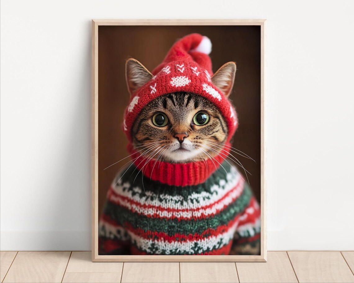 Cute Christmas Cat Retro Winter Animals Art Print