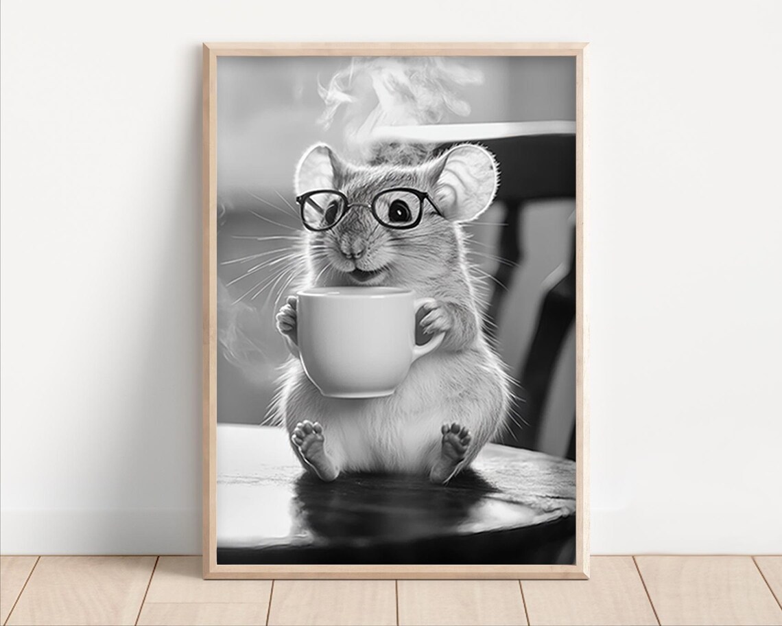 Mouse Drinking Coffee Wearing Glasses, Vintage Retro Art Print