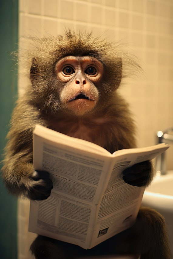 Marmoset Monkey Sitting On The Toilet Reading A Newspaper Funny Bathroom Wall Art Funny Monkey Print Animal Photo Ai Art