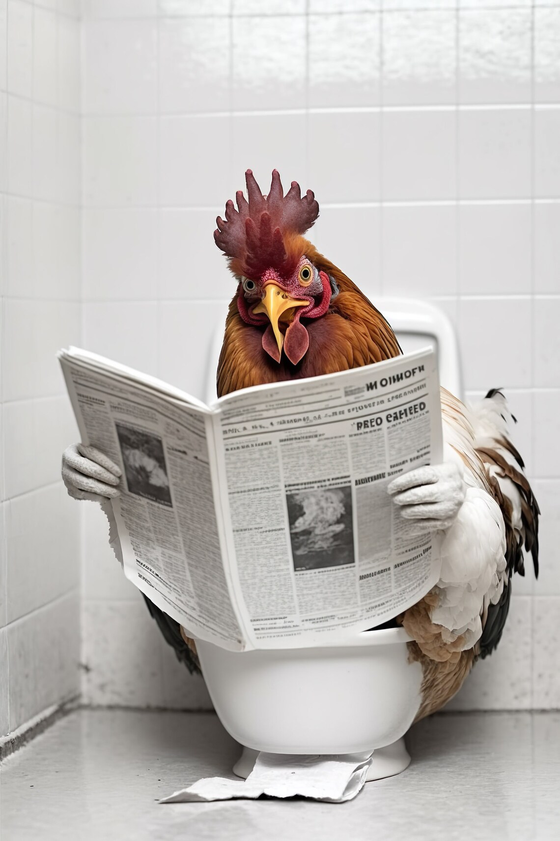 Chicken on the Toilet Reading Newspaper, Funny Bathroom Poster