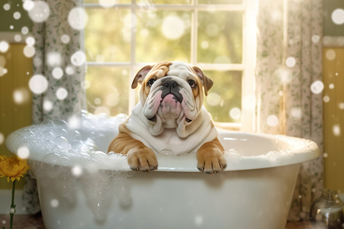 Bulldog Pup In The Bathtub, Funny Bathroom Wall Art