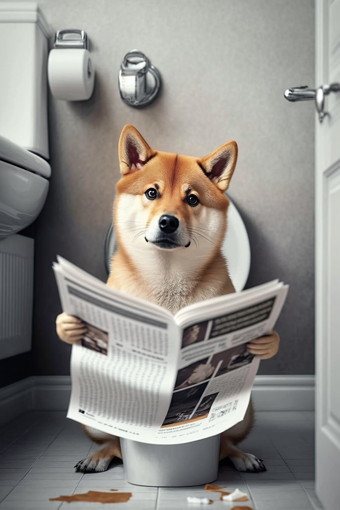 Shiba Inu Sitting on the Toilet, Funny Bathroom Art Print