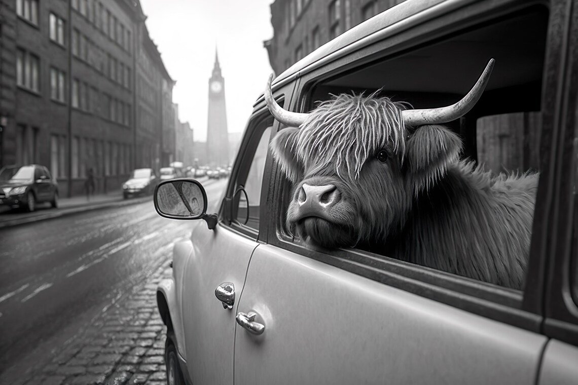 Highland Cow In Car Window Old Town Street Black And White Art Poster