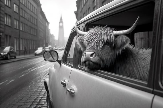 Highland Cow Riding In A Car In New York City Cow Comes To Town Funny Animal Vintage Photo Retro Cow Print Wall Art Ai Art
