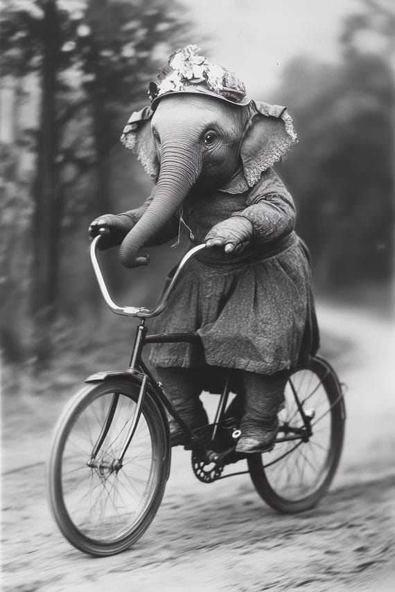 Elephant Riding A Bike Funny Animal Wall Art Elephant With Bicycle Funny Vintage Style Animal Photo Cute Retro Print Ai Art