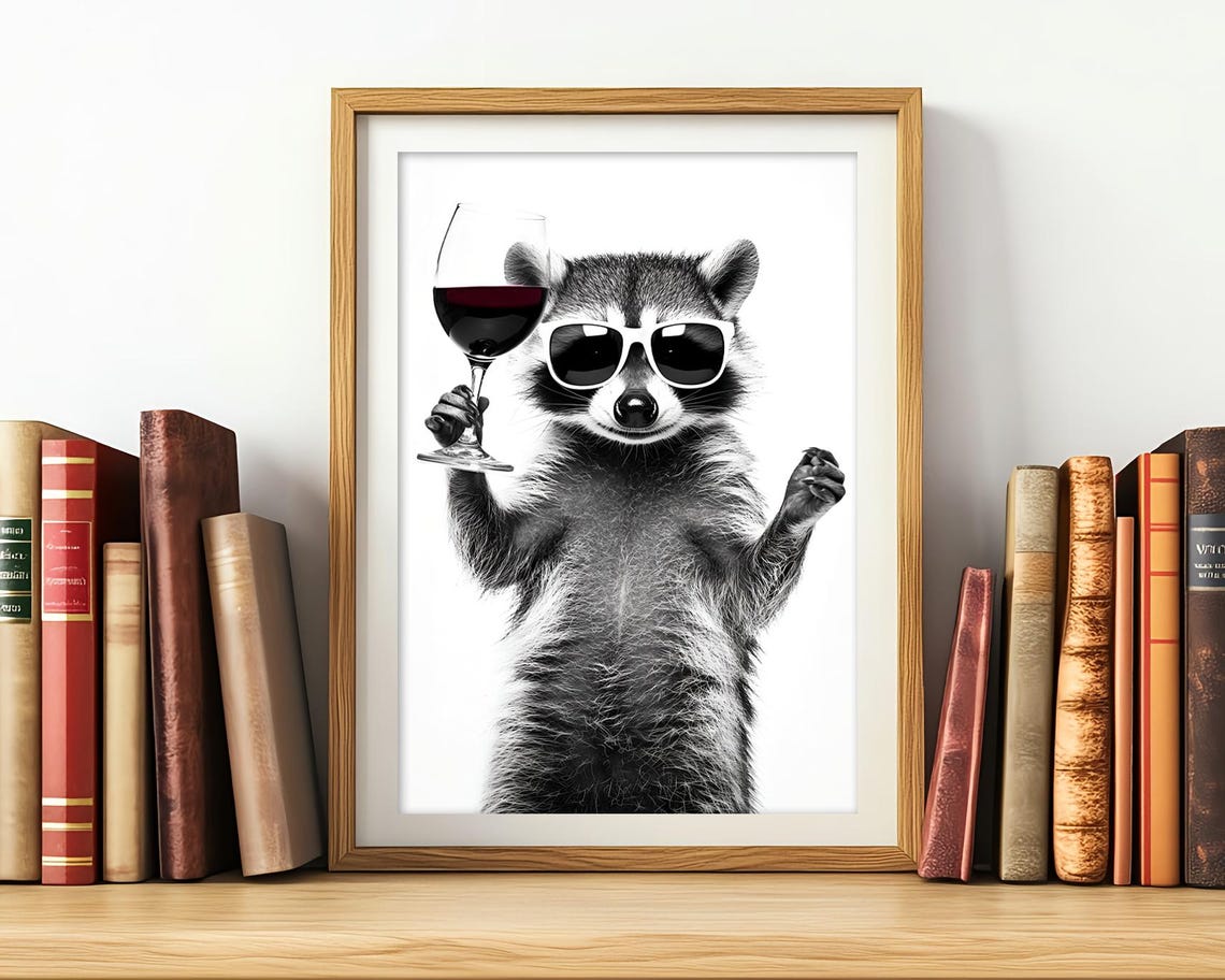 Raccoon With Sunglasses Holding Red Wine Glass Funny Kitchen Poster - Image 2