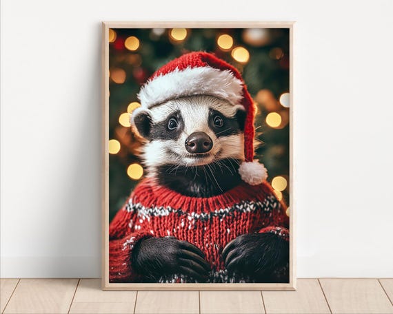 Cute Christmas Badger Funny Christmas Wall Art Retro Winter Animals Christmas Home Decor Funny Badger Photo Print Ai Art