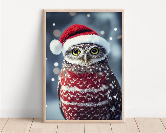 Cute Christmas Owl Funny Christmas Wall Art Retro Winter Animals Christmas Home Decor Funny Owl Photo Print Ai Art