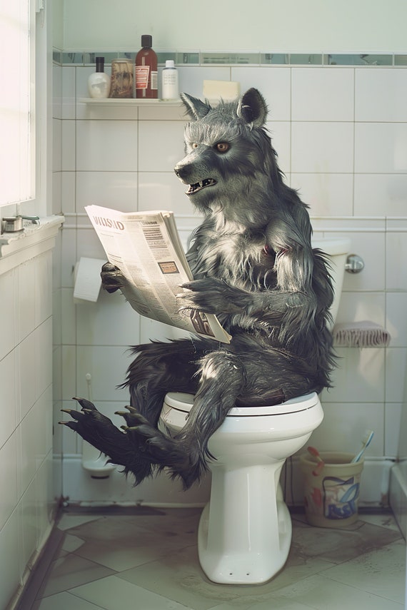 Werewolf Sitting On The Toilet Reading A Newspaper Funny Bathroom Humor Funny Mythical Creature Wall Art Home Ai Art Prints