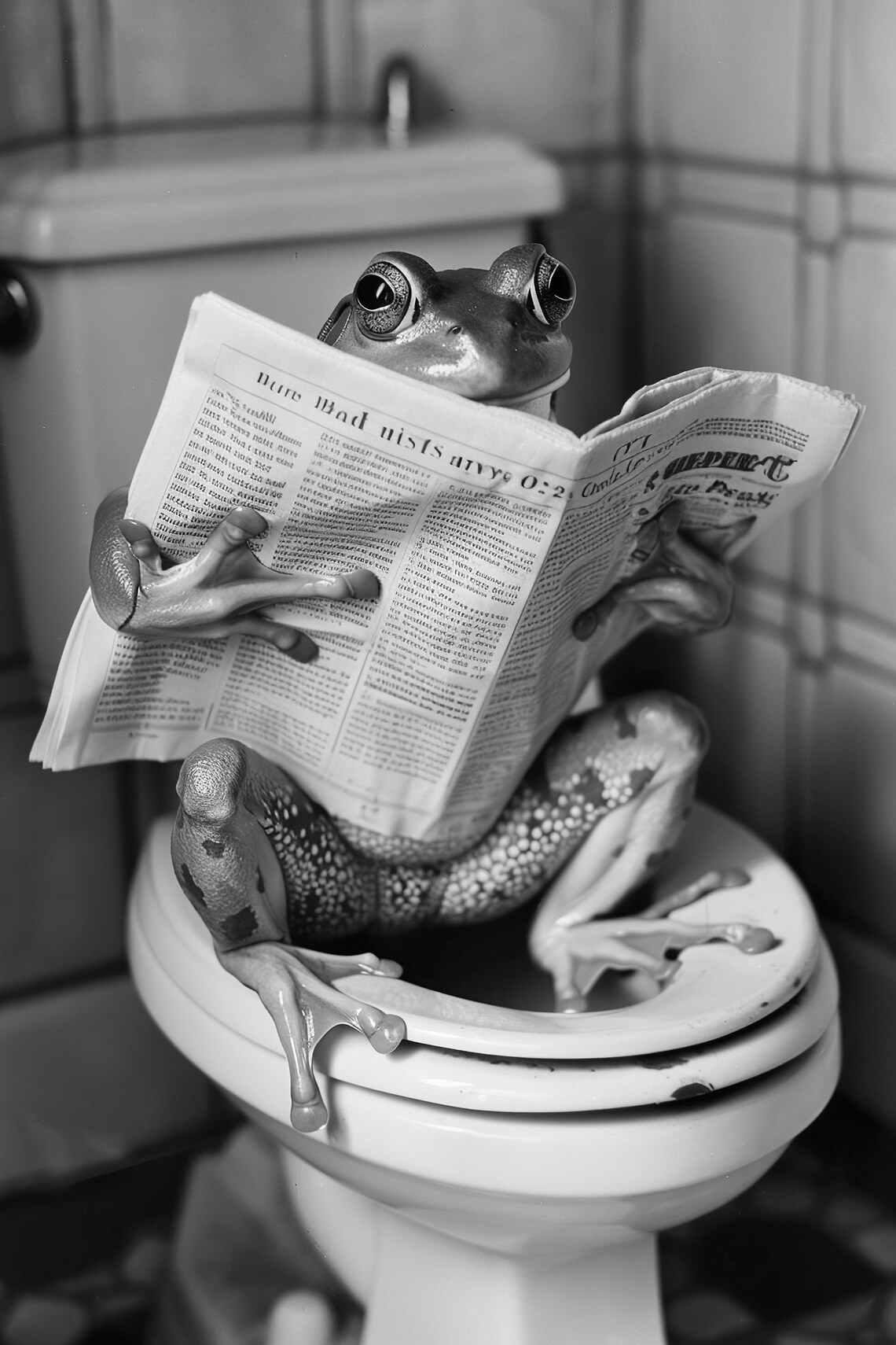 Funny Frog Reading Newspaper on Toilet Humorous Bathroom Poster