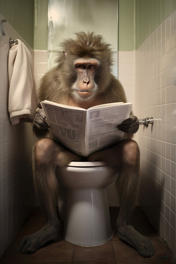 Baboon Ape Sitting On The Toilet Reading A Newspaper Funny Bathroom Wall Art Funny Monkey Print Funny Animal Photo Ai Art