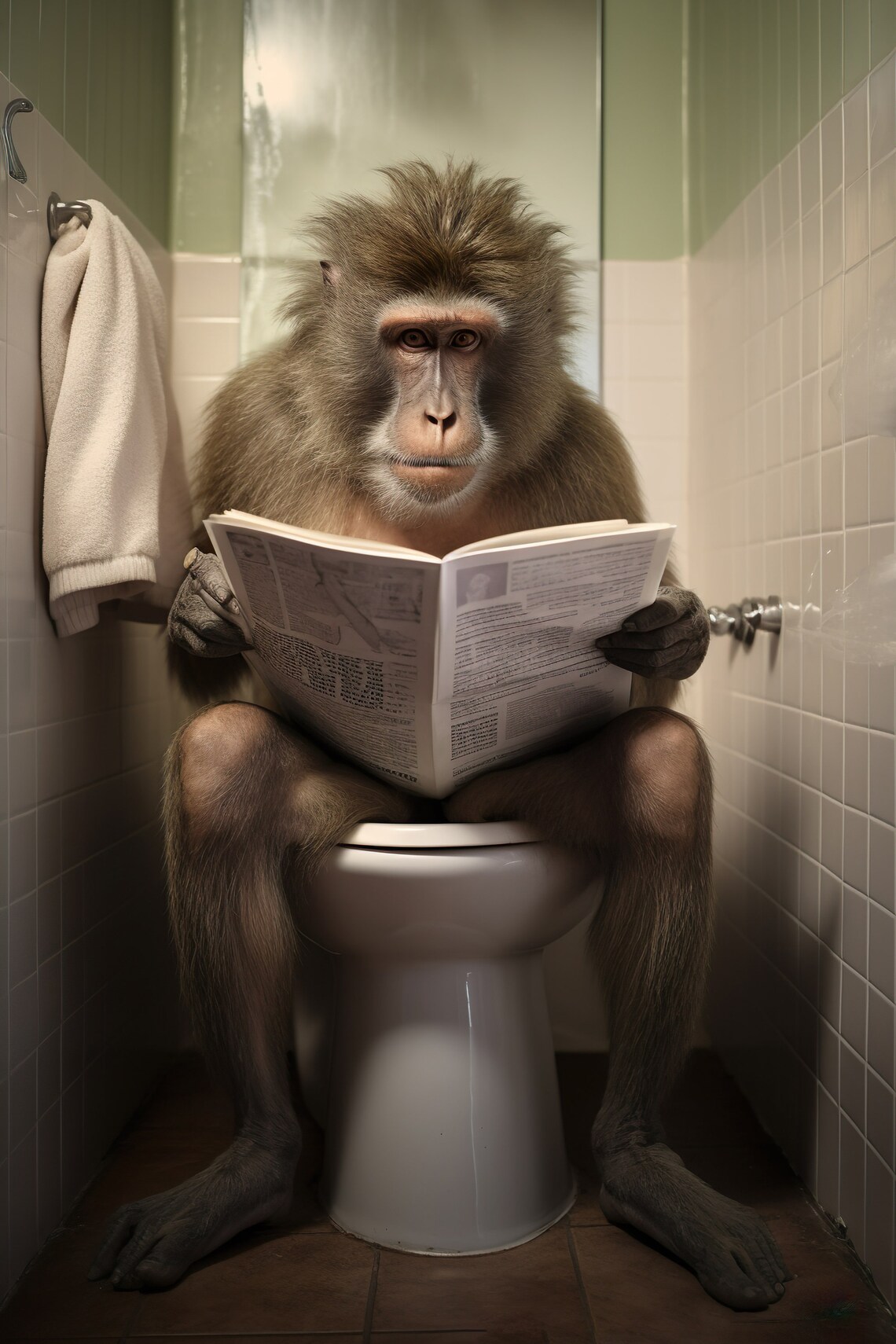 Baboon Reading Newspaper on Toilet Funny Bathroom Animal Poster