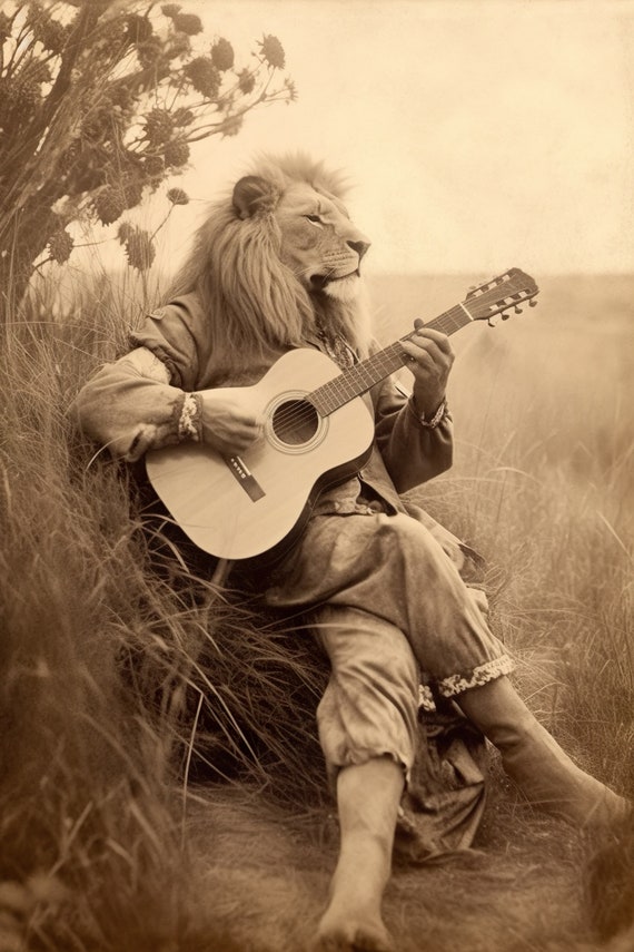 Lion Playing Guitar Funny Vintage Animal Print Lion Photograph Retro Lion Humor Vintage Wall Art Home Decor Ai Art
