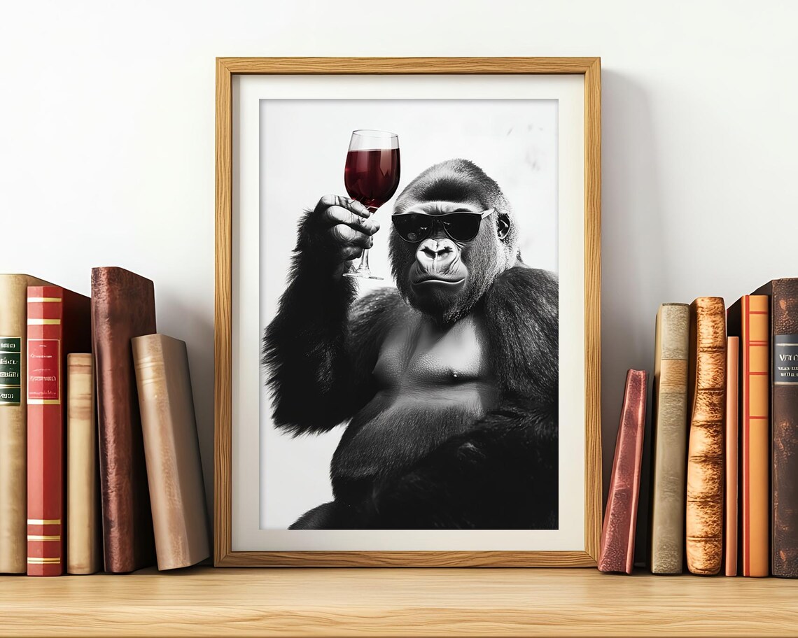 Gorilla Drinking Red Wine Funny Kitchen Art Print - Image 3