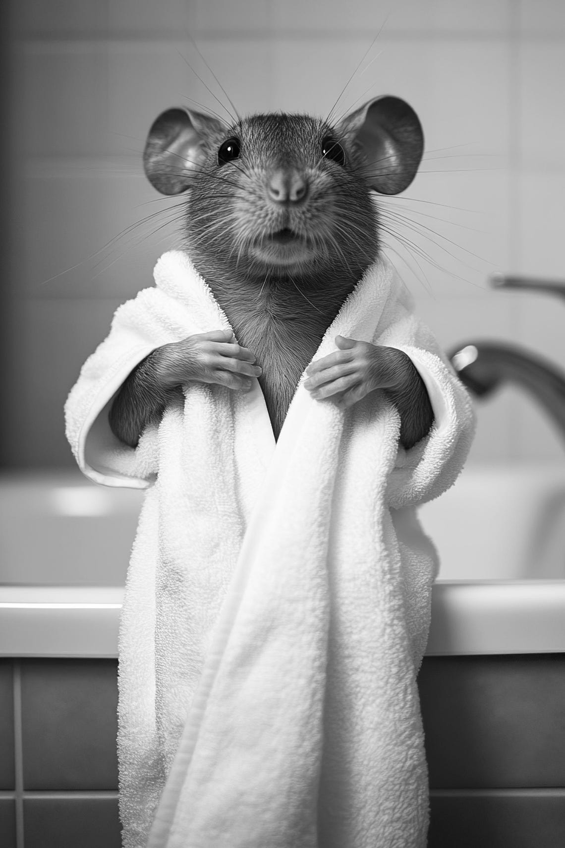 Mouse Wrapped In Towel Framed Black And White Bathroom Humor Poster - Image 2